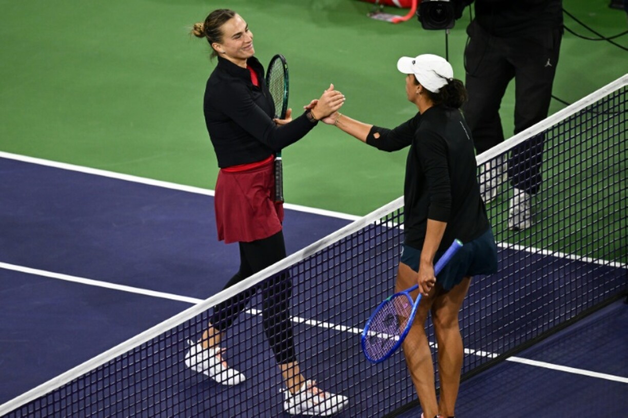 Revenge: World number one Aryna Sabalenka shakes hands with Australian Open champion Madison Keys after beating the American in the semi-finals at Indian Wells