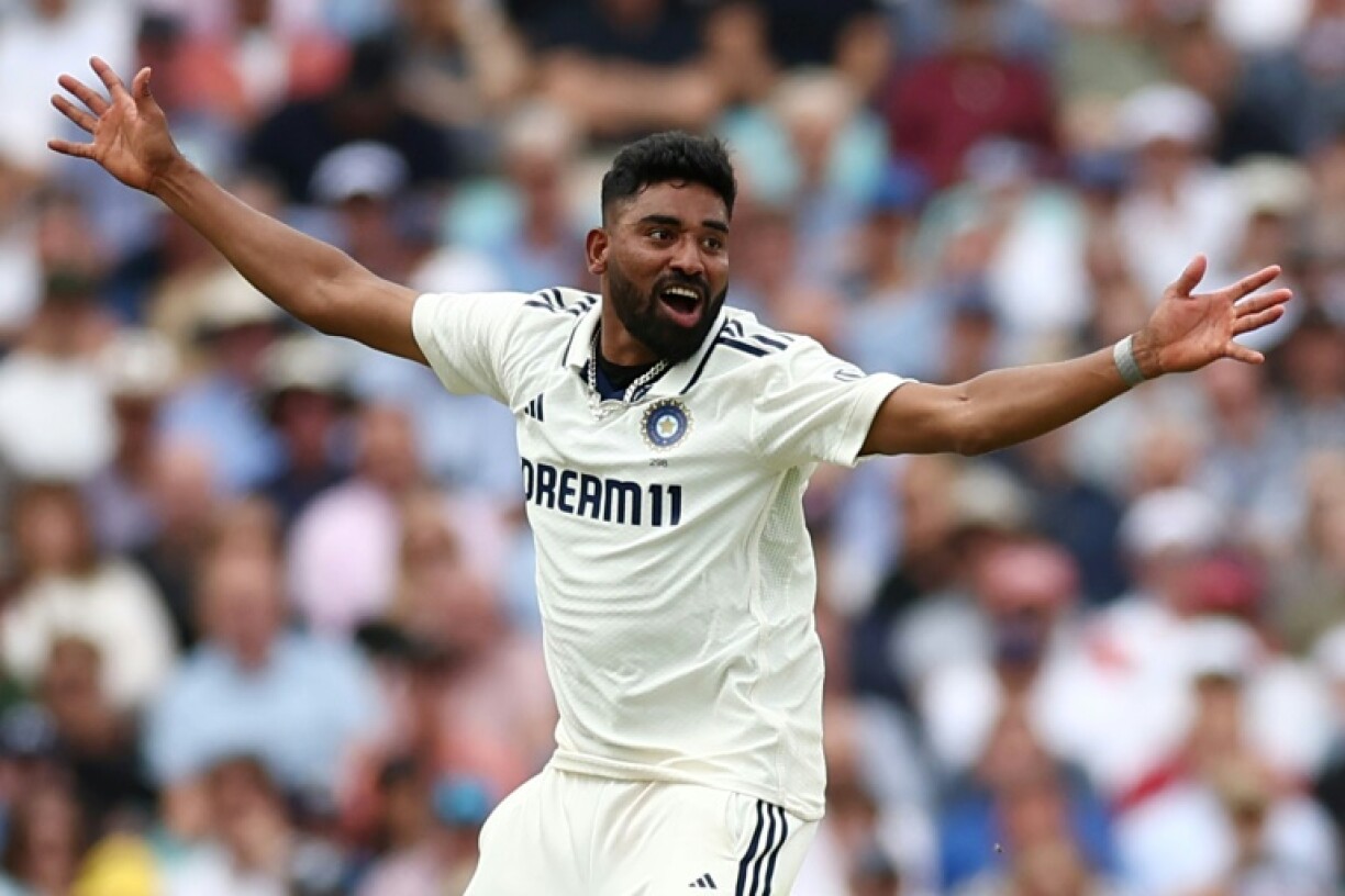 India's Mohammed Siraj celebrates dismissing England's Jacob Bethell in the fifth Test at the Oval