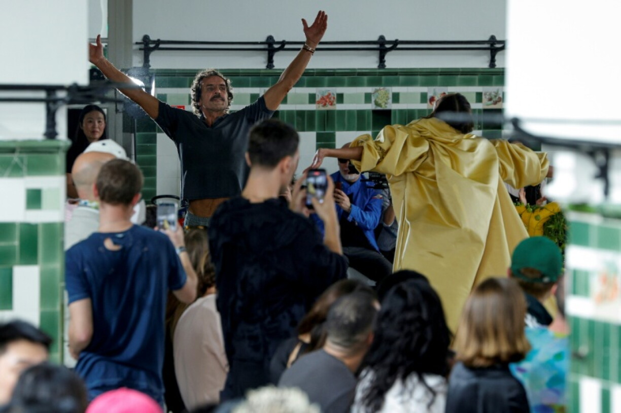 Austrian fashion designer Andreas Kronthaler acknowledges the audience at the end of the Vivienne Westwood Women's Spring/Summer 2027 collection fashion show