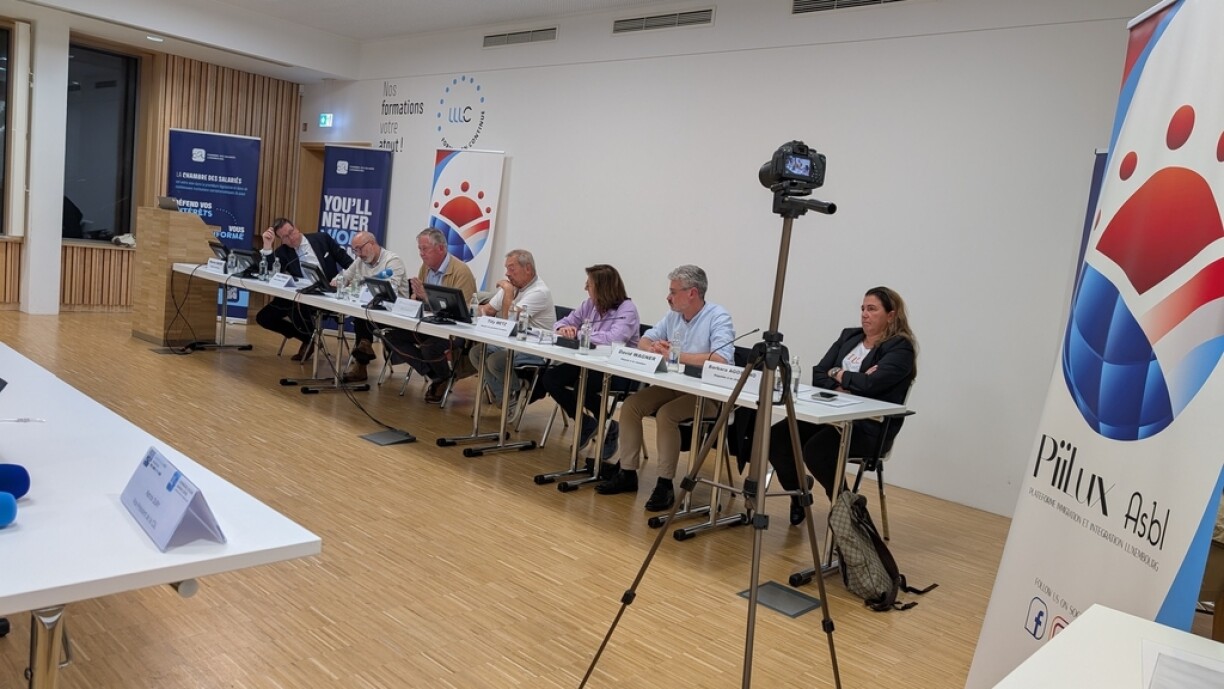 From left to right: Maurice Bauer (CSV), Sérgio Ferreira (ASTI), Alex Bodry (LSAP), Franco Barilozzi (PiiLux), Tilly Metz (the Greens), David Wagner (the Left), and Barbara Agostino (DP).