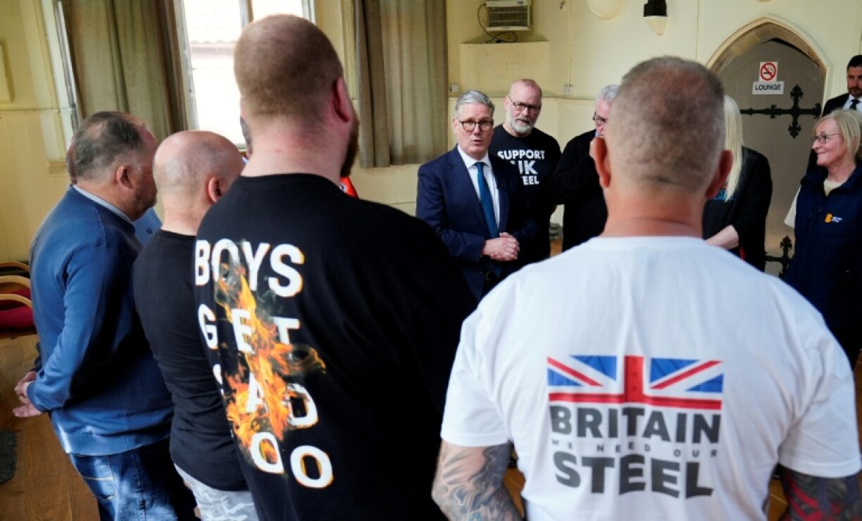 Britain's Prime Minister Keir Starmer spoke with British Steel workers near Scunthorpe on Saturday