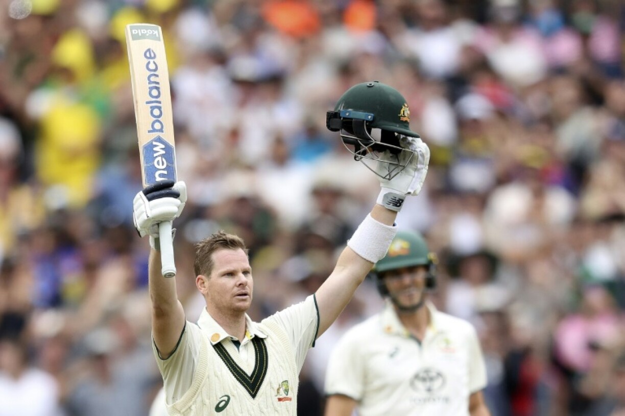 Australia's Steve Smith celebrates reaching his 34th Test century in the fourth Test against India