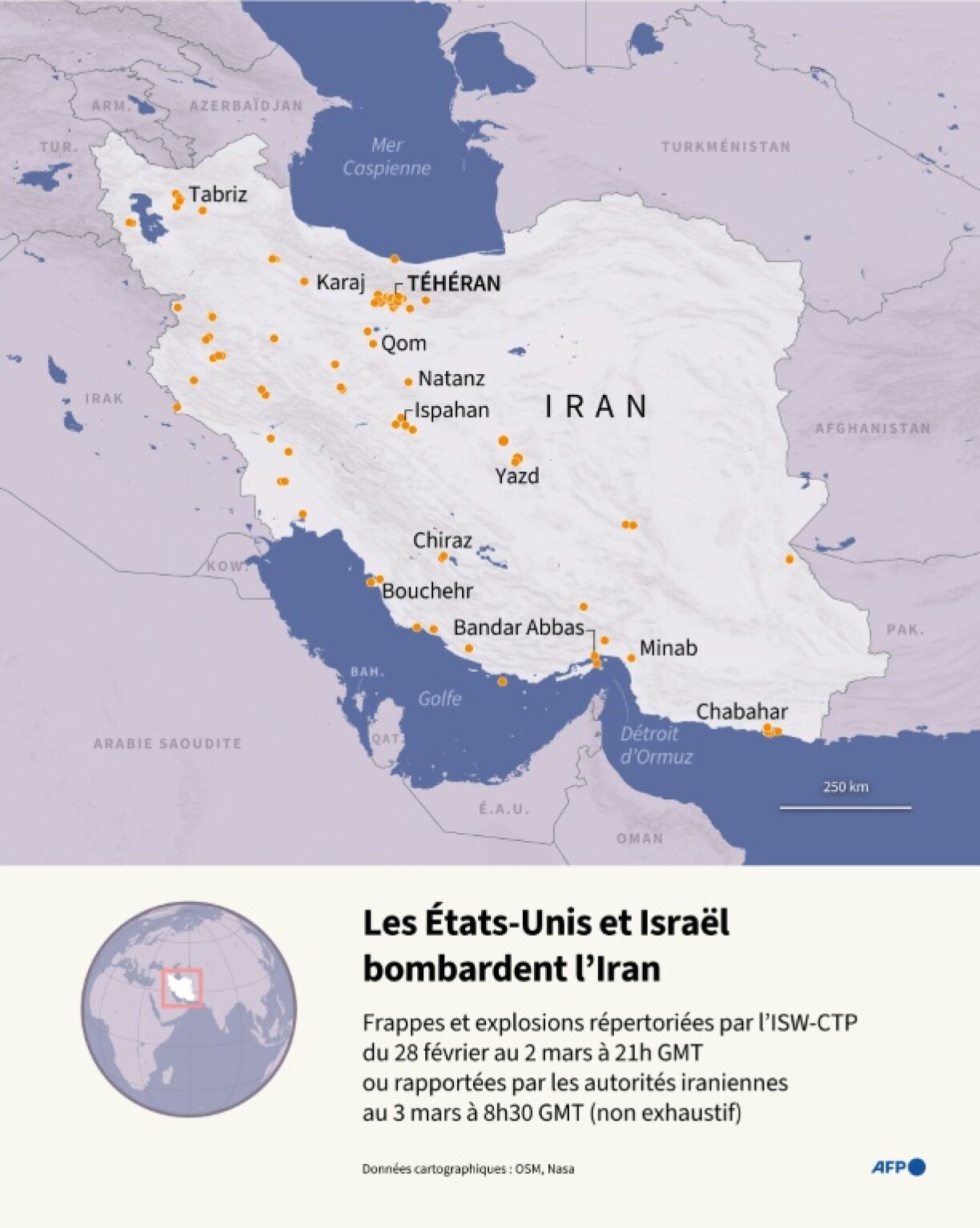 Carte d'Iran localisant des frappes et explosions répertoriées par l'Institute for the Study of War and AEI's Critical Threats Project, au 2 mars à 21h GMT, ou rapportées par les autorités iraniennes au 3 mars à 8h30 GMT (non exhaustif), après que les États-Unis et Israël ont lancé une opération militaire