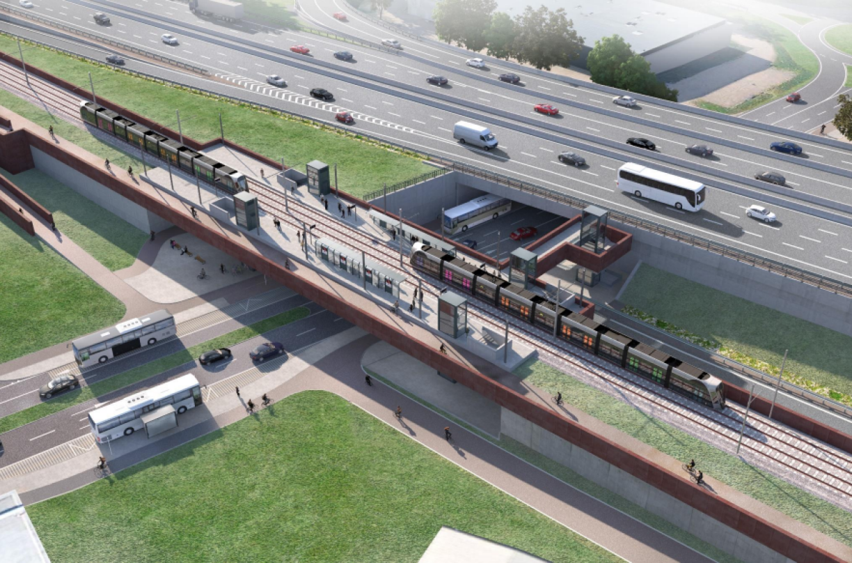 Mockup of the fast tram running along the A4