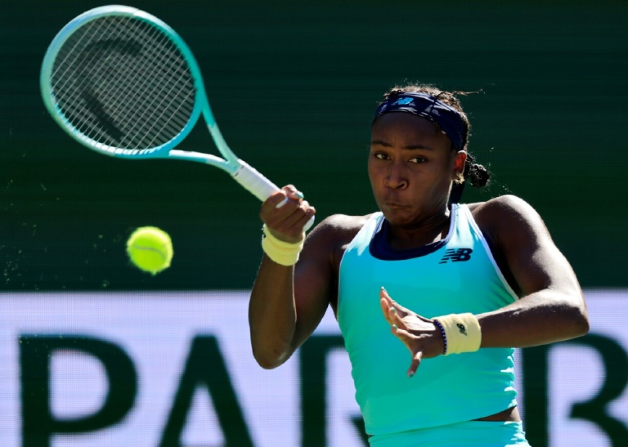 American Coco Gauff plays a forehand on the way to a second-round victory over Japan's Moyuka Uchijima at Indian Wells