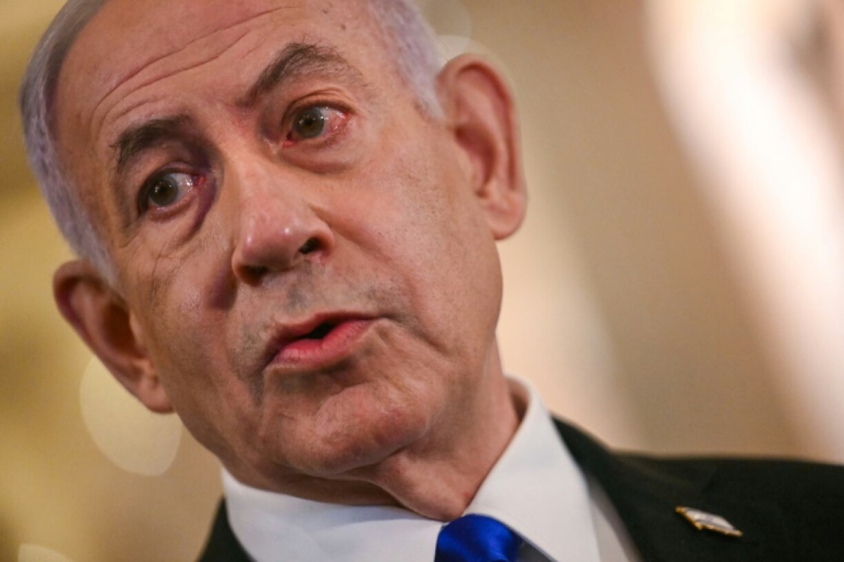 Israeli Prime Minister Benjamin Netanyahu speaks to the press after meeting with US Speaker of the House Mike Johnson at the US Capitol