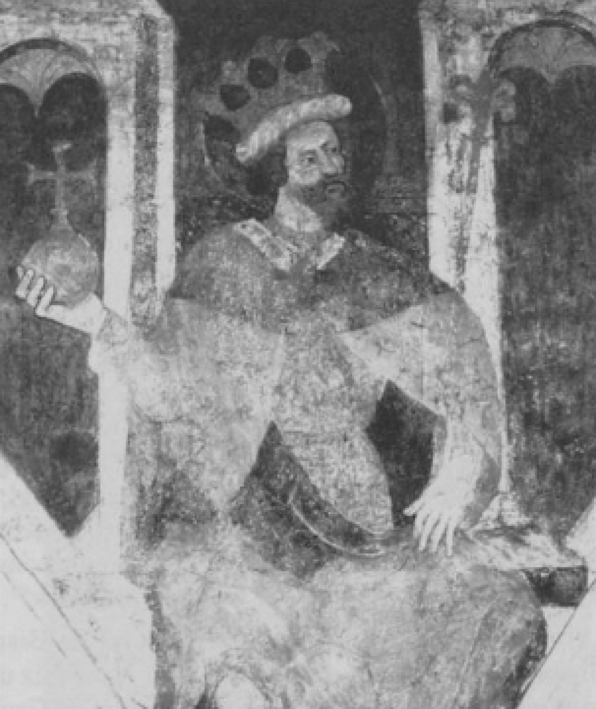 Detail of the fresco from 1417, in the Trinity Church in Luxembourg: the majestic figure of St. Sigismund, seated on a throne, adorned with the Imperial Orb and Scepter, displaying an uncanny resemblance to Emperor Sigismund himself.