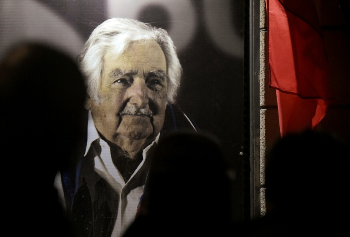 A portrait of late Uruguayan president Jose Mujica at the headquarters of the Broad Front left-wing coalition in Montevideo, after his death from cancer aged 89