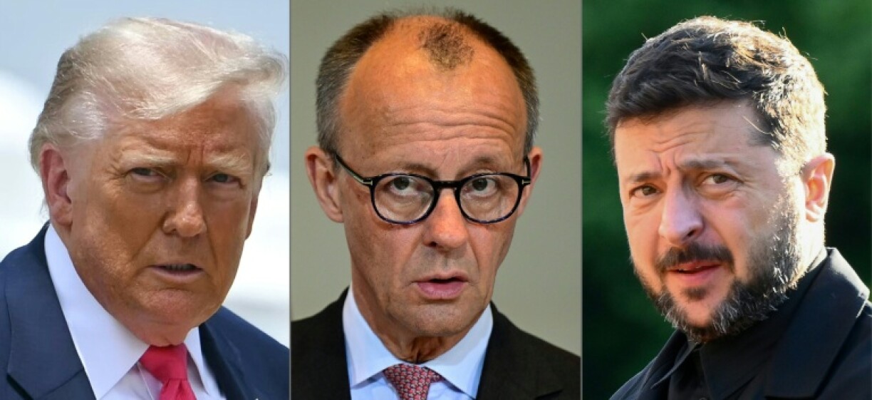 This combination of file photos shows US President Donald Trump at Joint Base Andrews, Maryland on July 15, 2025, German Chancellor Friedrich Merz at the Chancellery in Berlin on June 10, 2025, and Ukrainian President Volodymyr Zelensky during a North Atlantic Treaty Organization (NATO) Heads of State and Government summit in The Hague, on June 24, 2025