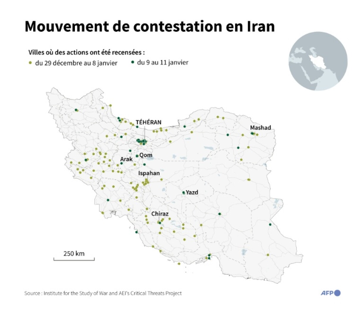 Carte localisant les dizaines de villes iraniennes où des actions de contestation ont été recensées entre le 29 décembre 2025 et le 11 janvier 2026 selon différentes sources vérifiées par l'ISW-CTP