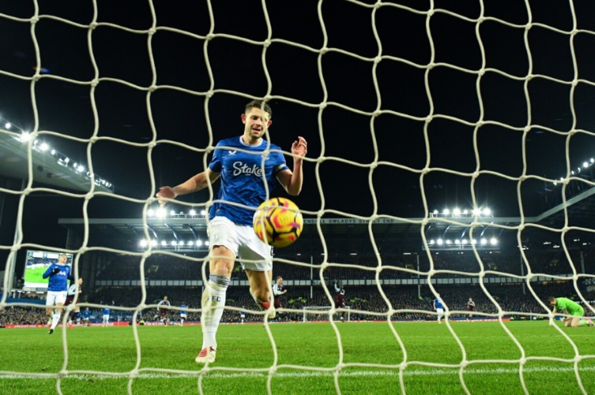 Everton defender James Tarkowski is helpless as he watches Aston Villa's Ollie Watkins score