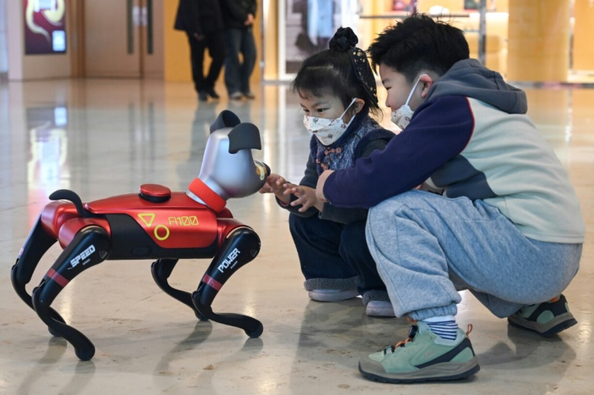 Cchildren palying with Weilan's AI pet dog BabyAlpha at a store in Nanjing, in China's eastern Jiangsu province Weilan's AI dog, called