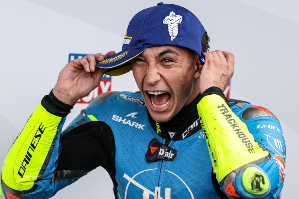 Spanish rider Raul Fernandez celebrates after winning his maiden MotoGP at the Australian Grand Prix