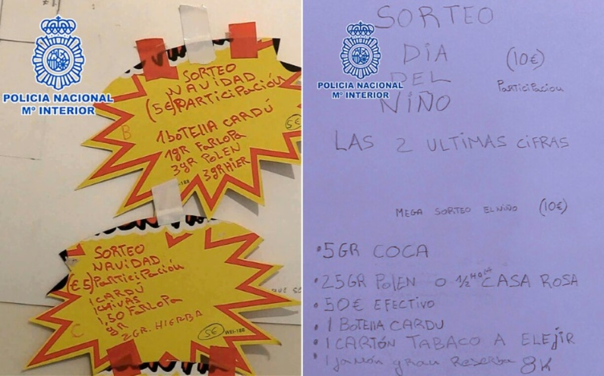 Affichettes pour la tombola de Noël de deux dealers présumés, avec à gagner notamment de la cocaïne, de l'herbe et du hachich, photographiée le 2 décembre 2021 et divulguée le 21 décembre par la police espagnole