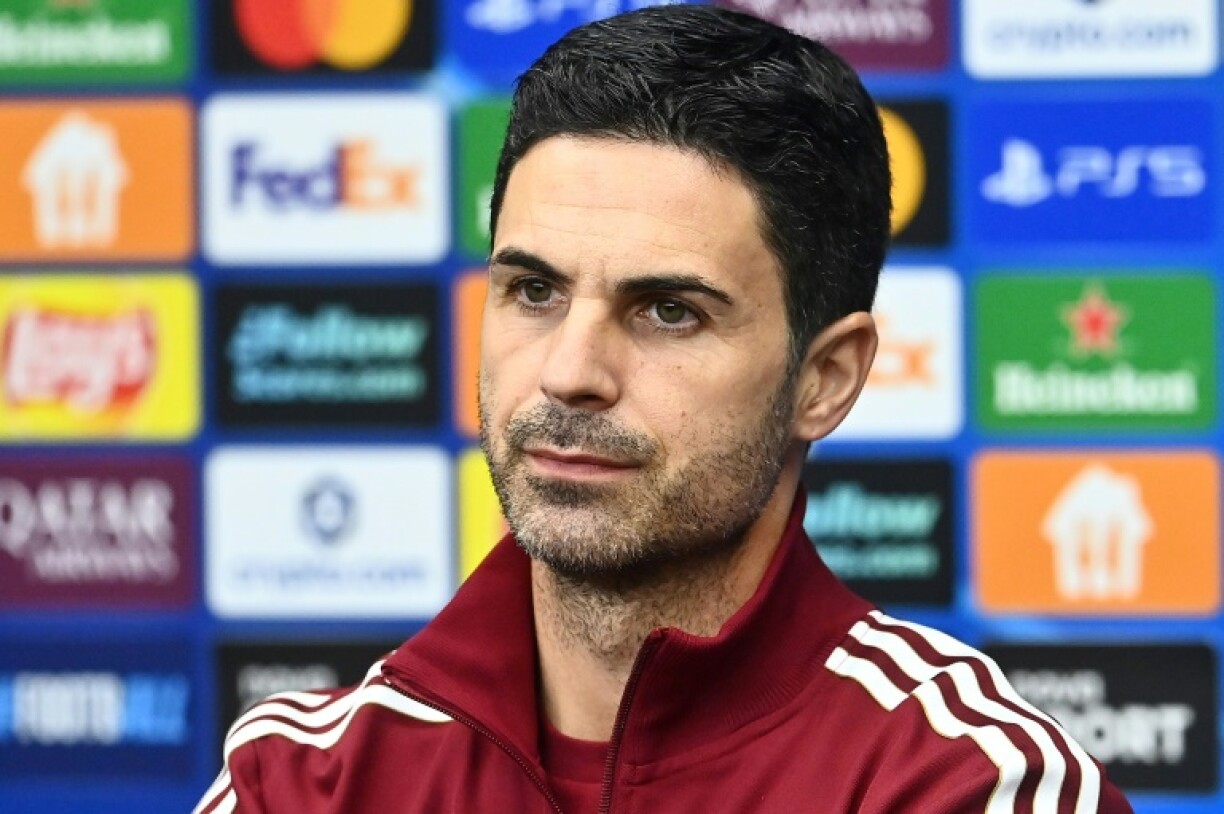 Arsenal coach Mikel Arteta looks on during a pre-match conference ahead of his side's Champions League tie away to Slavia Prague