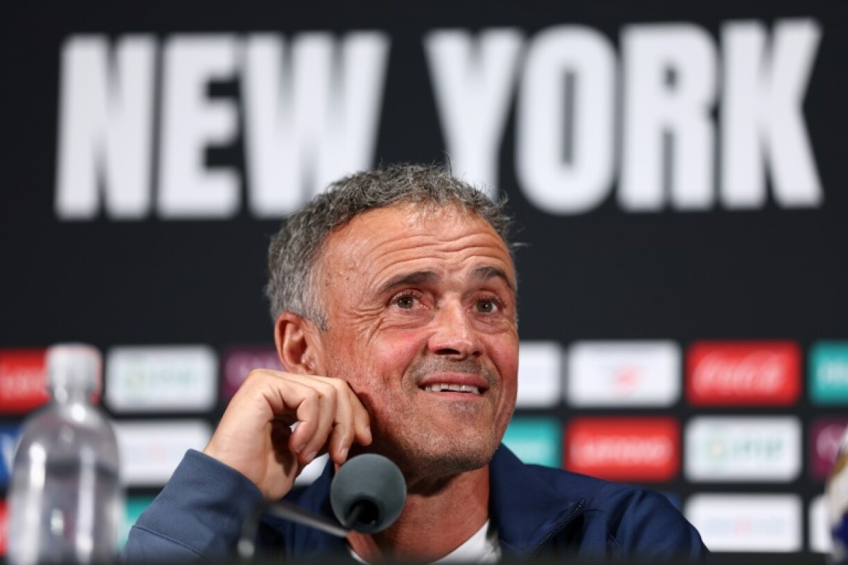 Paris Saint-Germain coach Luis Enrique speaks to media at a press conference at MetLife Stadium on Friday