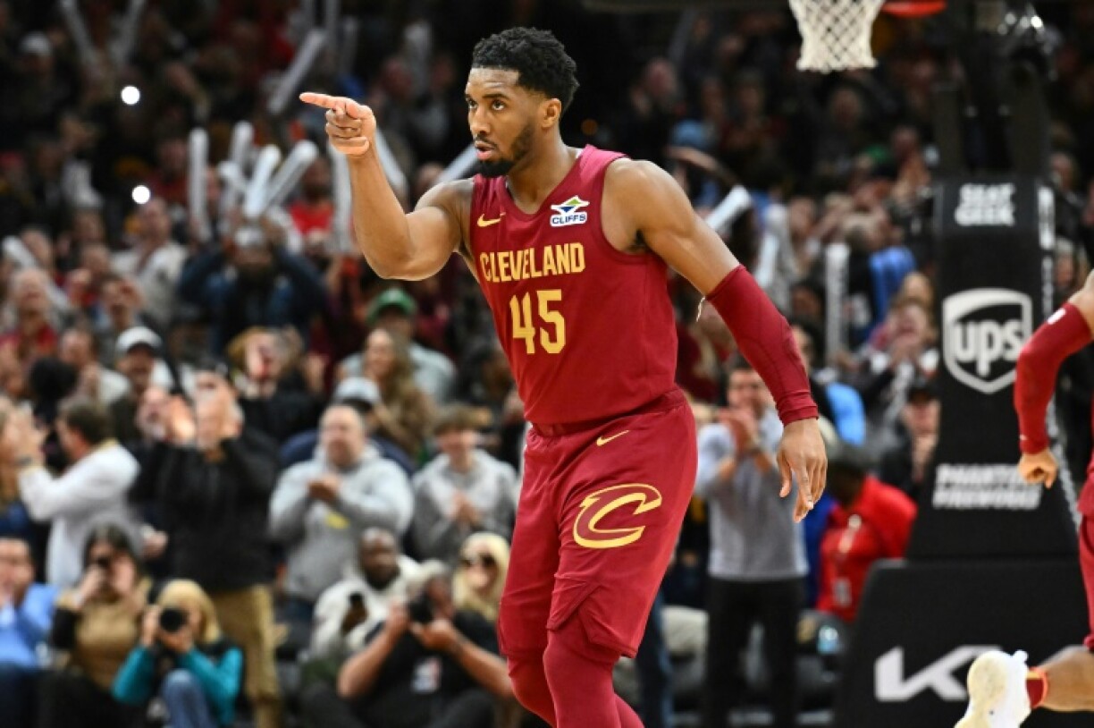 Cleveland's Donovan Mitchell celebrates a Cavaliers basket during in the fourth quarter of an NBA victory over Boston