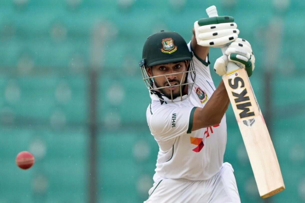 Bangladesh's Mehidy Hasan Miraz plays a shot during the third day of the second Test