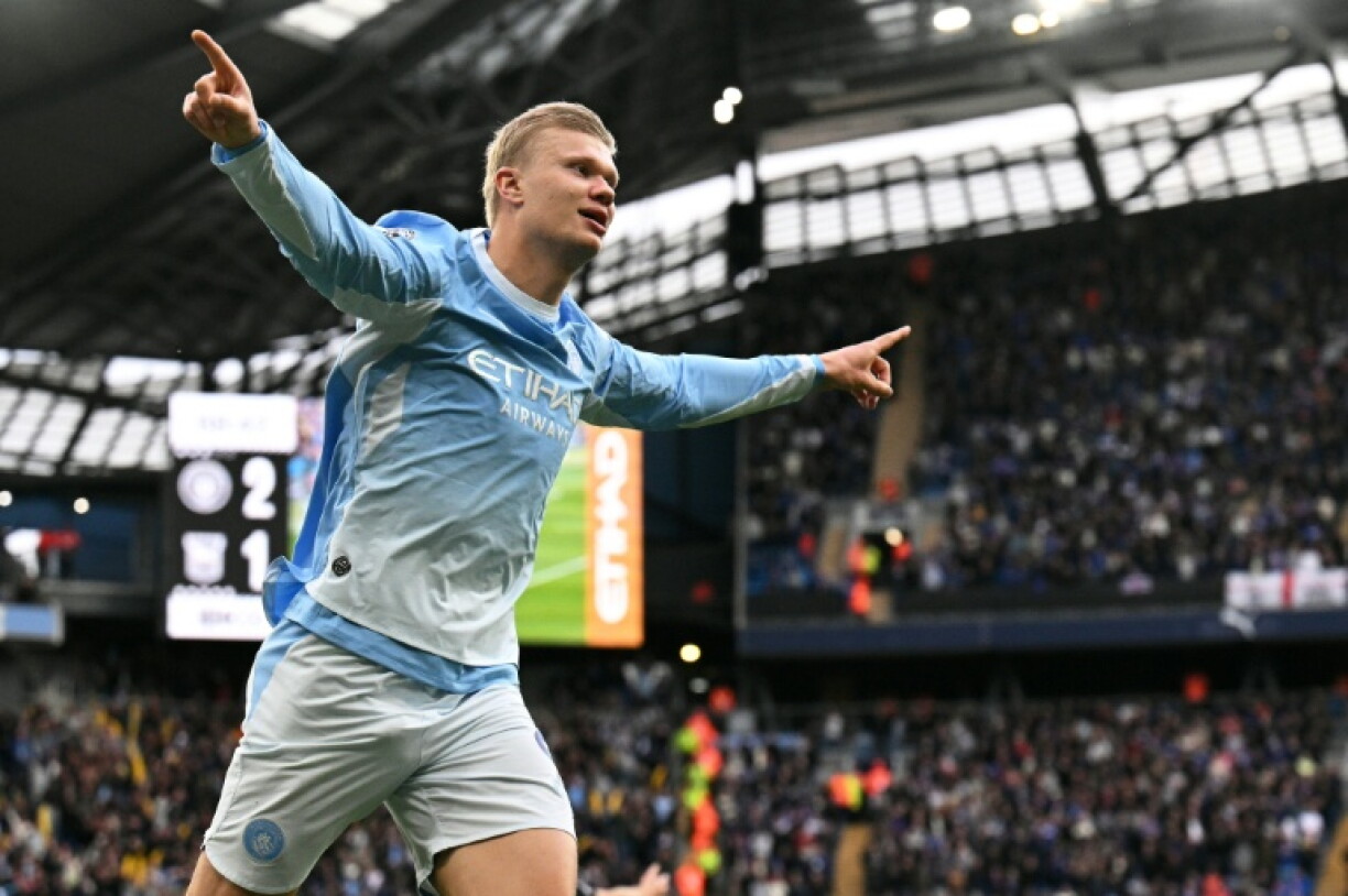 Manchester City striker Erling Haaland celebrates scoring against Ipswich
