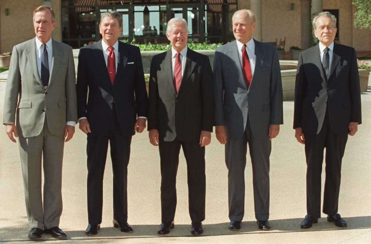 Former US presidents (left to right) George Bush, Ronald Reagan, Jimmy Carter, Gerald Ford and Richard Nixon in front of the Reagan Library on November 4, 1991 in Simi Valley, California