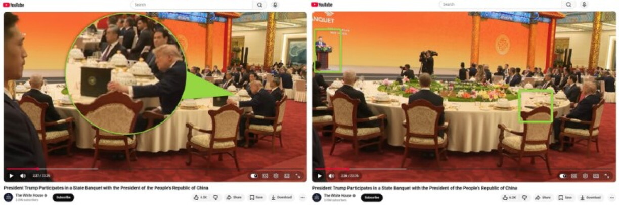 Screenshots of the White House's livestream of the banquet on May 14, with key evidences highlighted by AFP