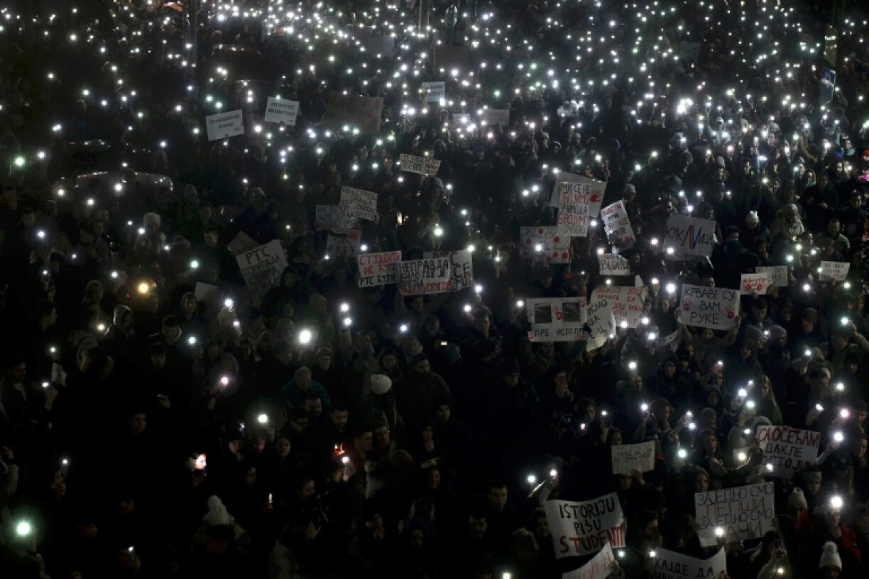 Thousands protest outside Serbia's public broadcaster in Belgrade demanding accountability for the railway station tragedy
