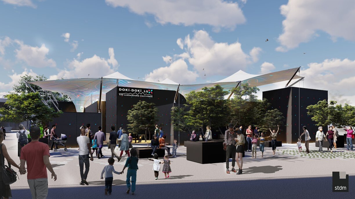 La structure du Pavillon luxembourgeois est une construction modulaire en acier surmontée d'une membrane tendue en toiture, l’ensemble étant conçu selon les principes de l'économie circulaire.
