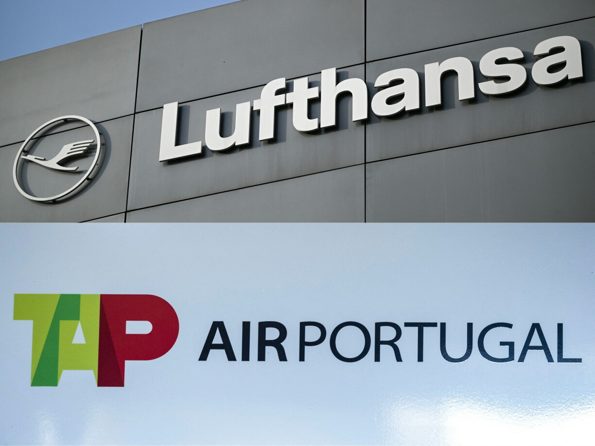 (COMBO) This combination of pictures created on October 14, 2026 shows the logo of German airline Lufthansa in Frankfurt am Main, western Germany, on March 6, 2026, and the logo of TAP Air Portugal airline at the Humberto Delgado Airport in Lisbon on April 2, 2026.