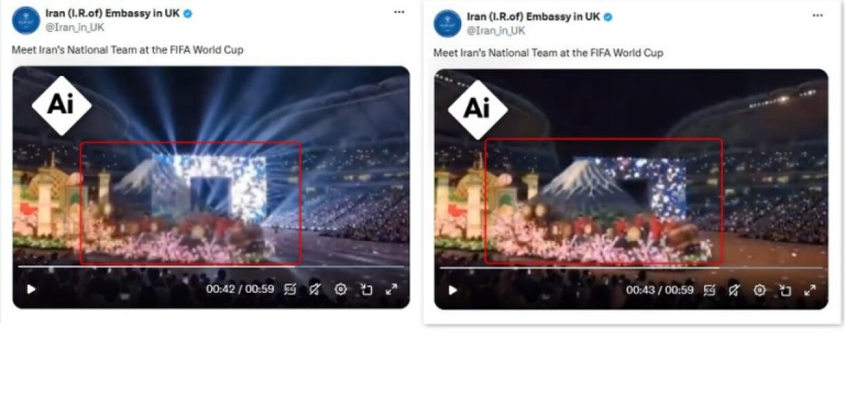 Screenshots of the AI-generated video, with the change in ceremonial float highlighted in red and AI symbols added by AFP