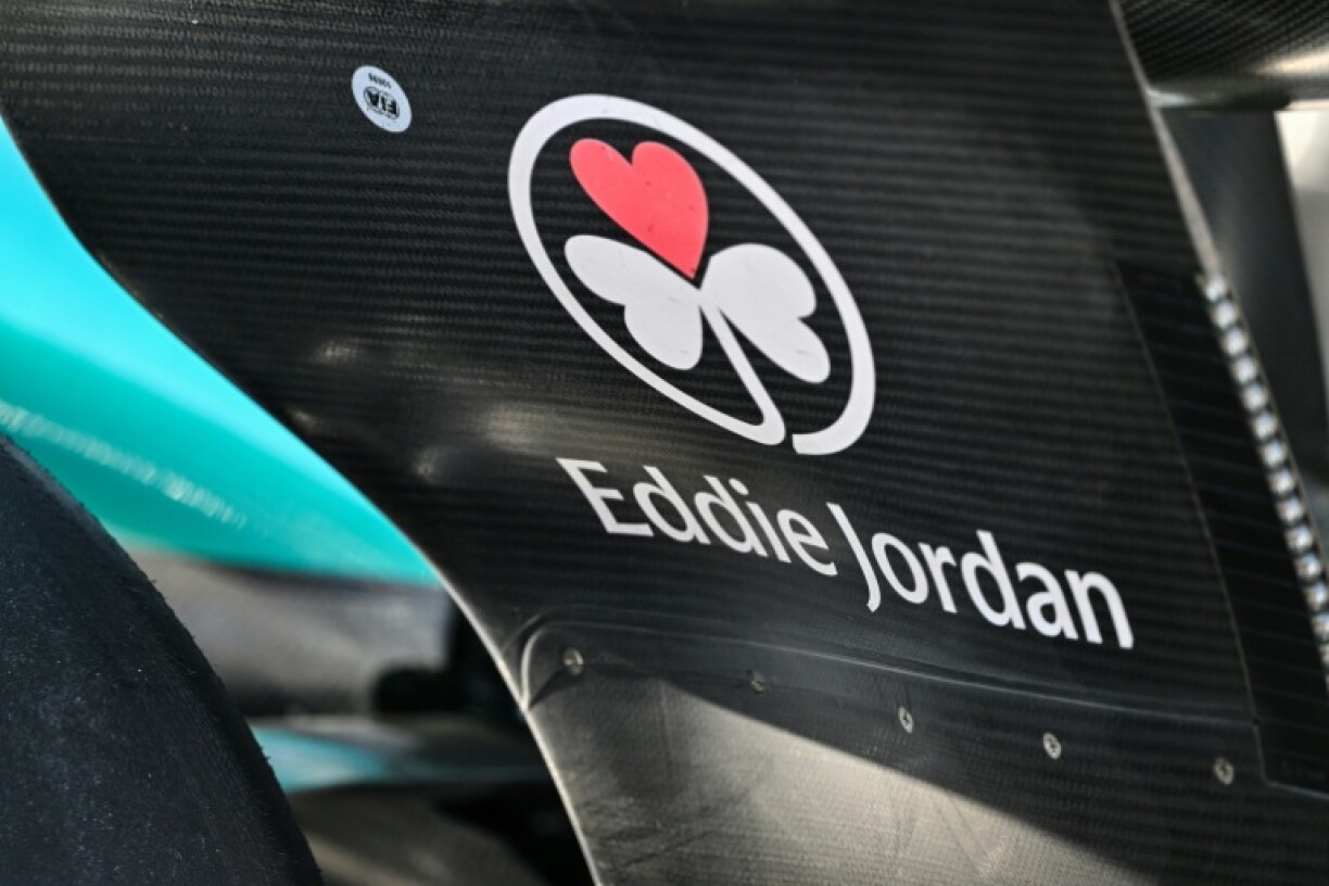 A tribute to former team owner Eddie Jordan is seen on the the wing of Aston Martin's Canadian driver Lance Stroll's car at the Chinese Grand Prix in Shanghai on Friday
