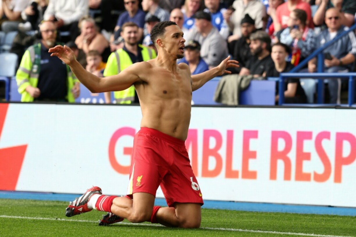 Liverpool's Trent Alexander-Arnold celebrates after scoring at Leicester
