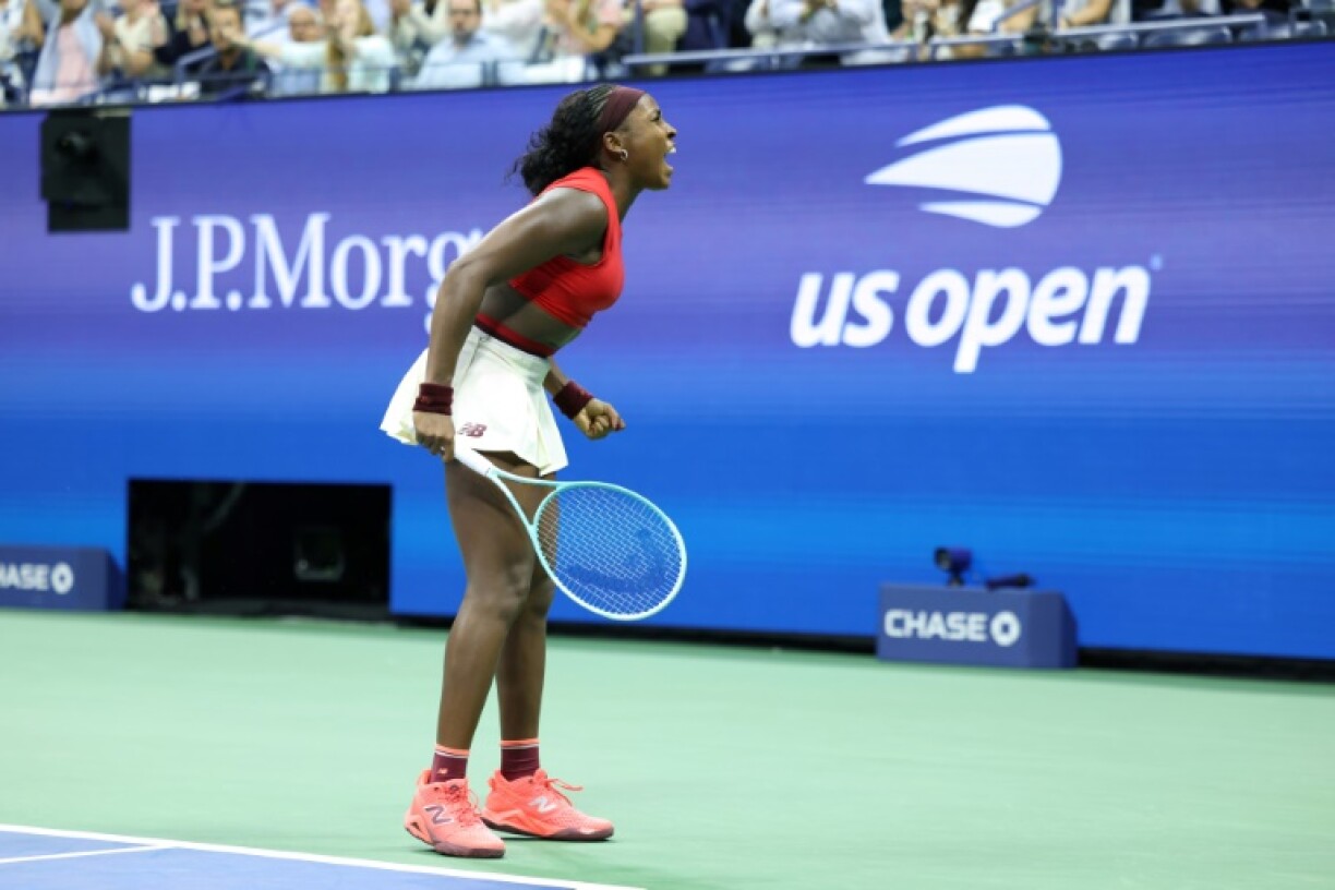 USA's Coco Gauff celebrates her battling first round victory over Ajla Tomljanovic