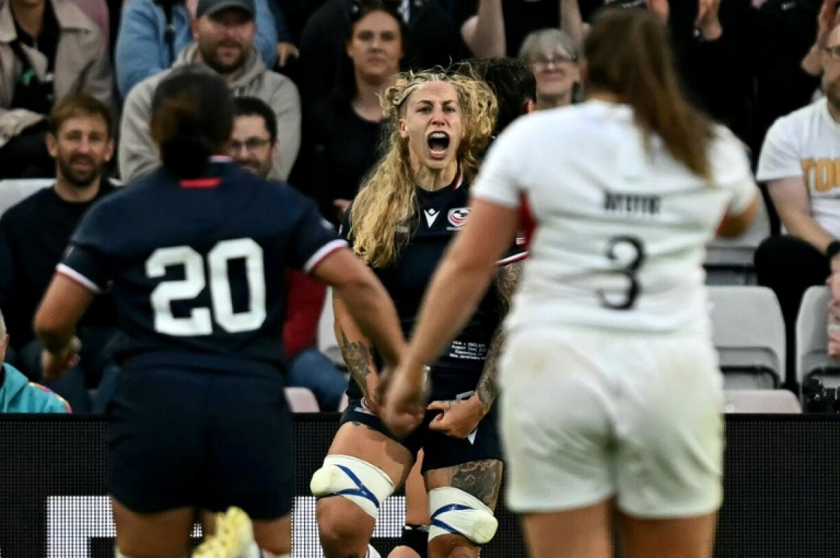 United States lock Erica Jarrell-Searcy celebrates after scoring a try during the Women's Rugby World Cup Pool A match against England in Sunderland