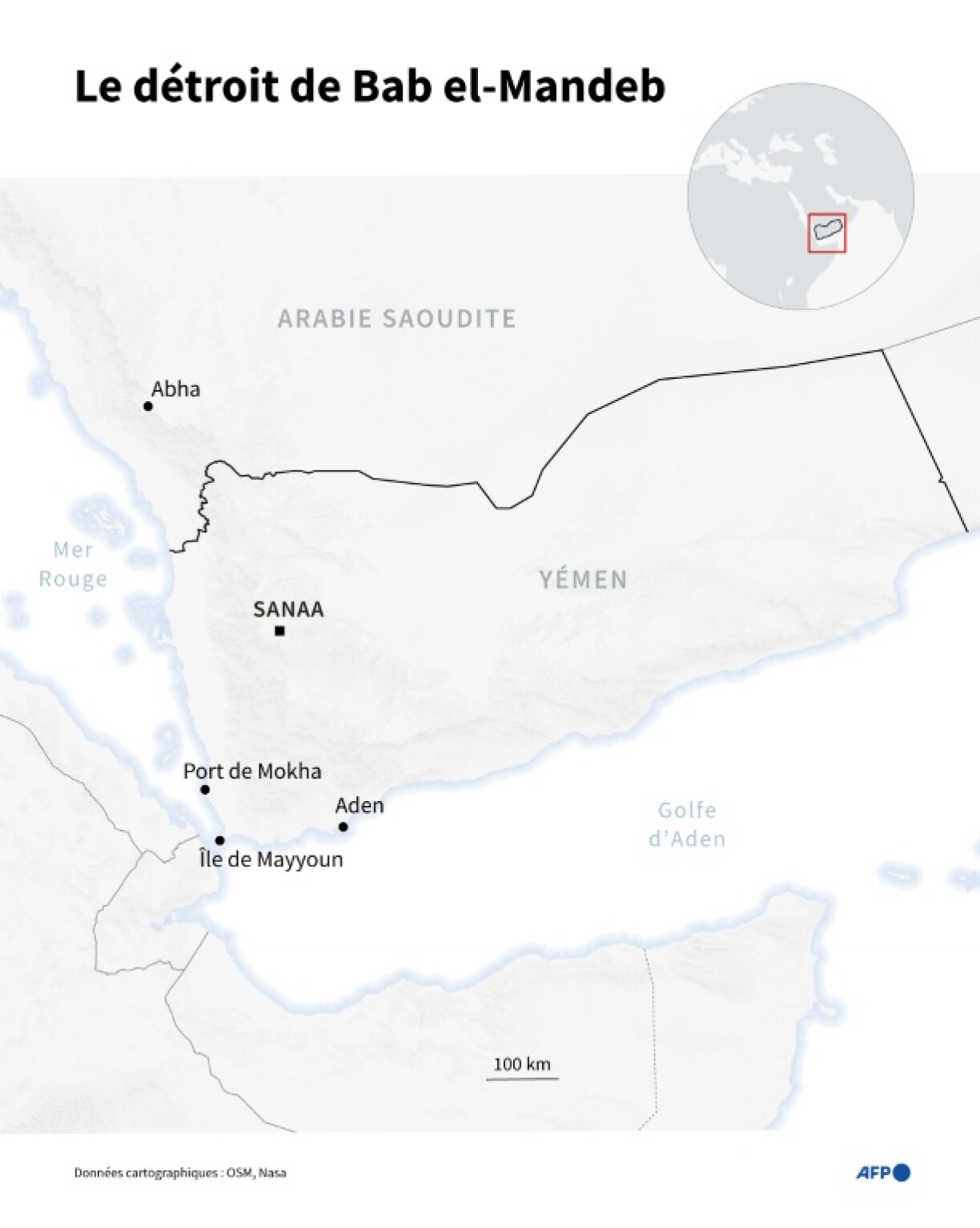 Carte du Yémen et du détroit de Bab el-Mandeb situant l'île de Mayyoun, le port de Mokha, le port d'Aden et la ville saoudienne d'Abha