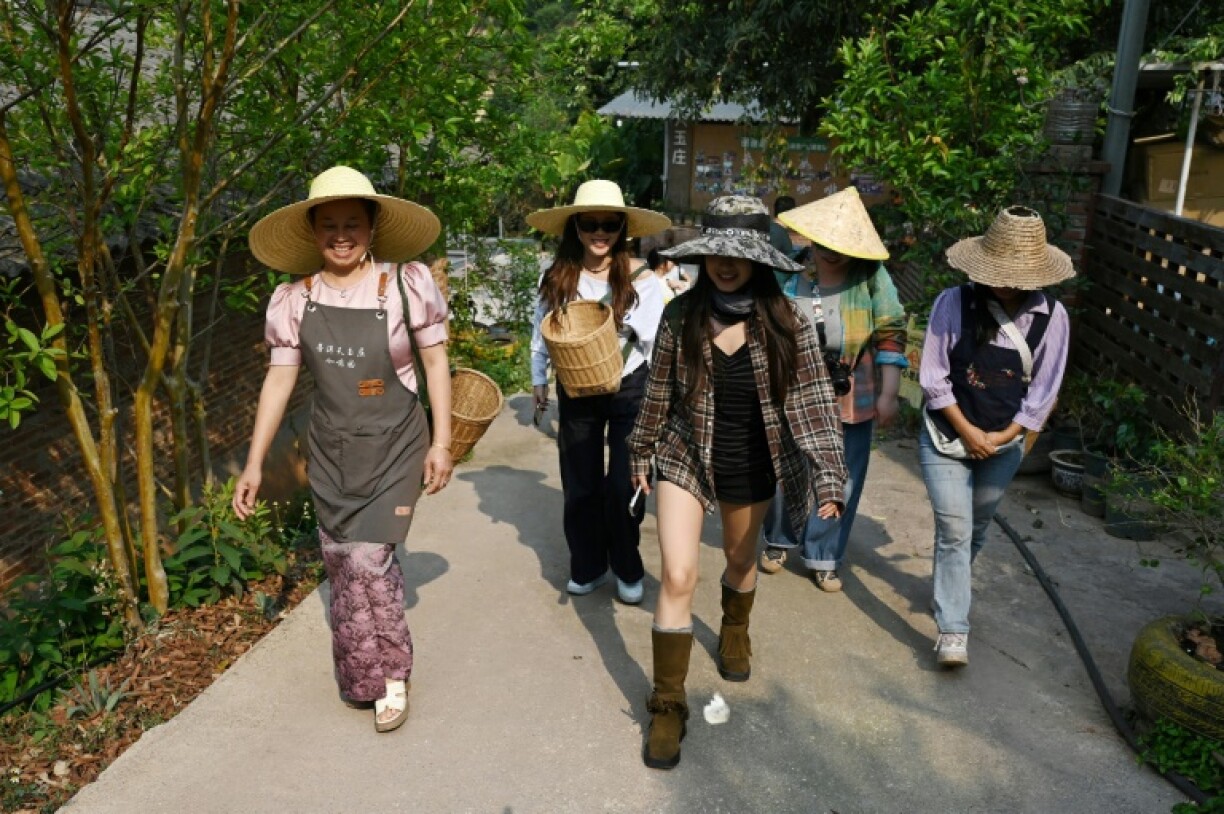 Plantation owner Yu Dun (L) taking visitors on a tour of the Tianyuzhuang coffee plantation in Pu’er