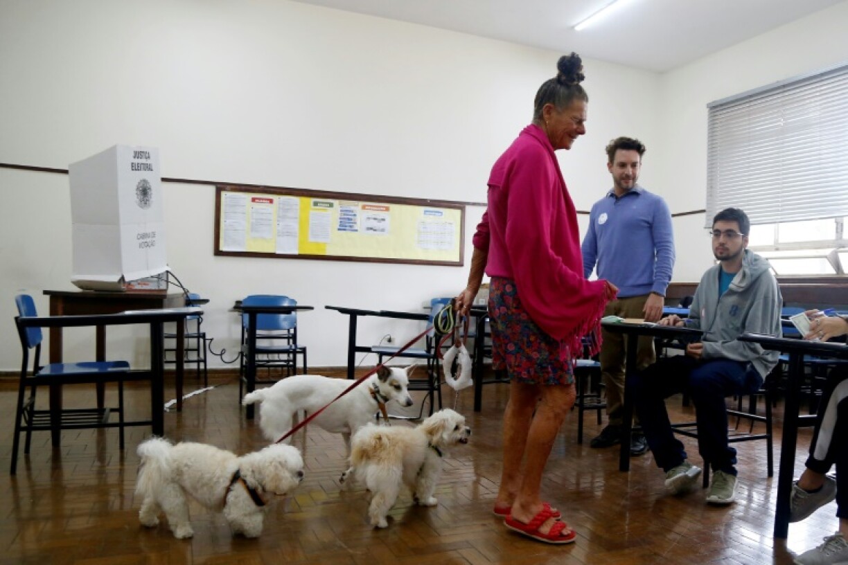 Une électrice vient voter avec ses chiens au premier tour de la présidentielle au Brésil, le 2 octobre 2022 à Sao Paulo