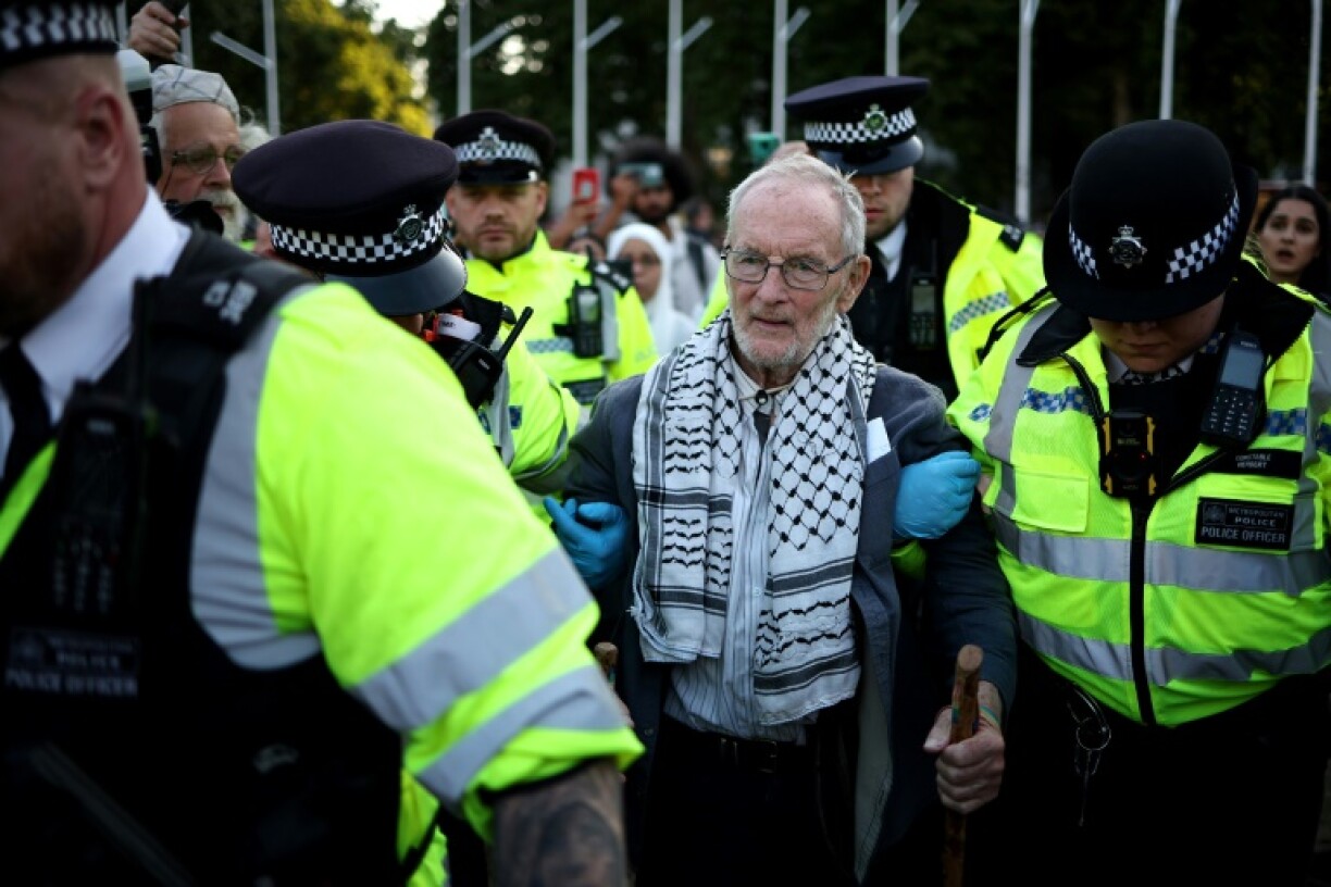 A protester is led away by police officers in central London