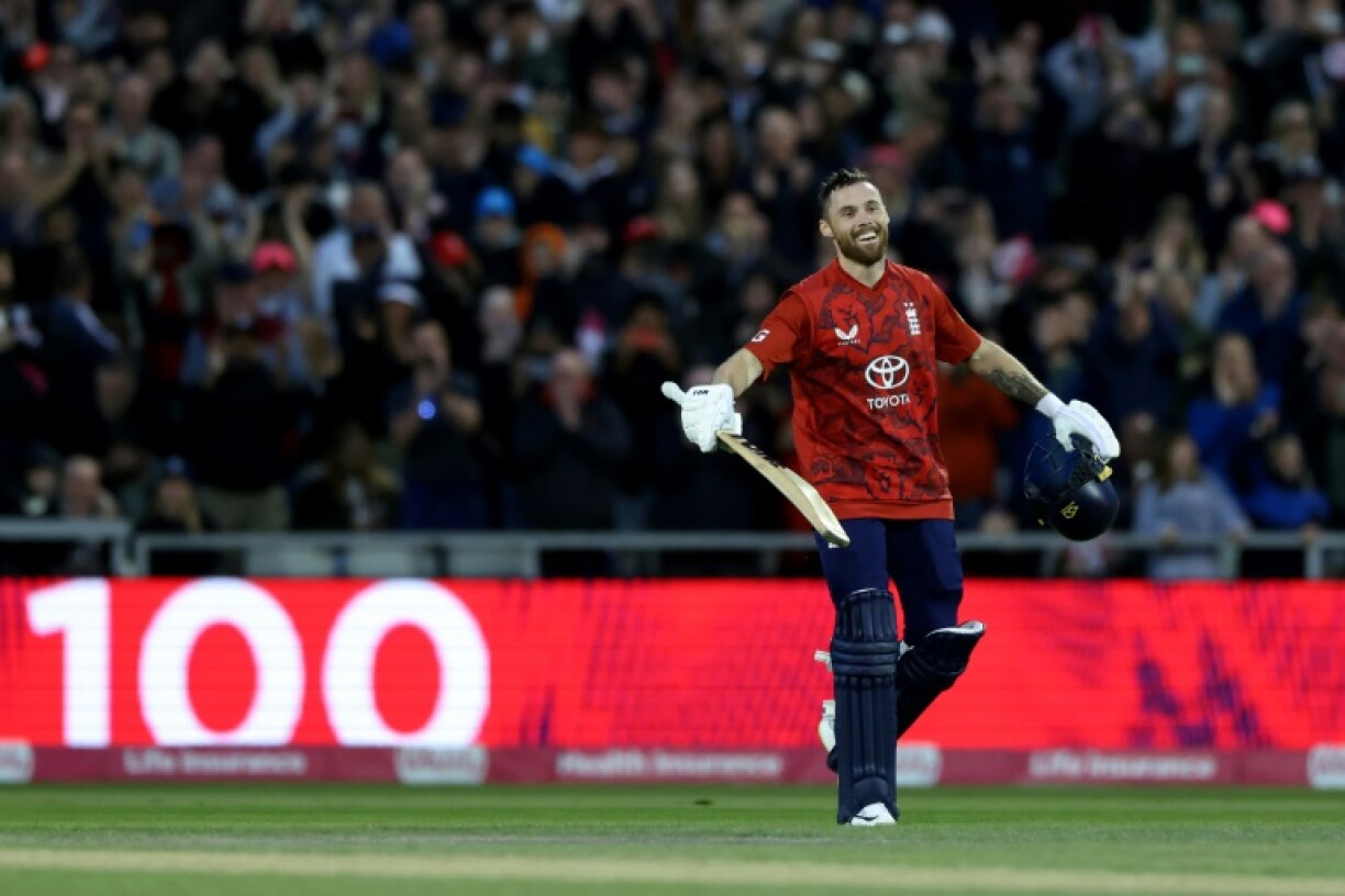England's Phil Salt celebrates his century during the second T20 against South Africa at Old Trafford