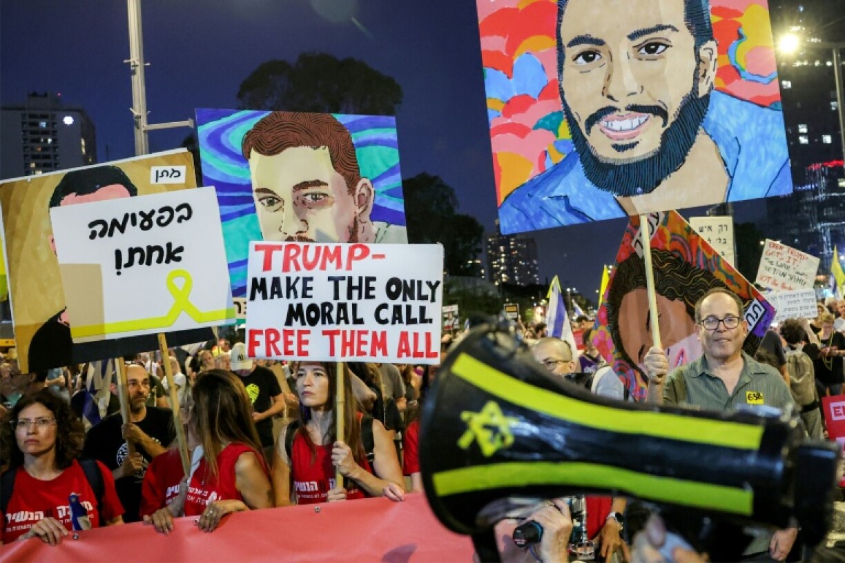 Israeli demonstrators in Tel Aviv calling for action to secure the release of hostages held in Gaza