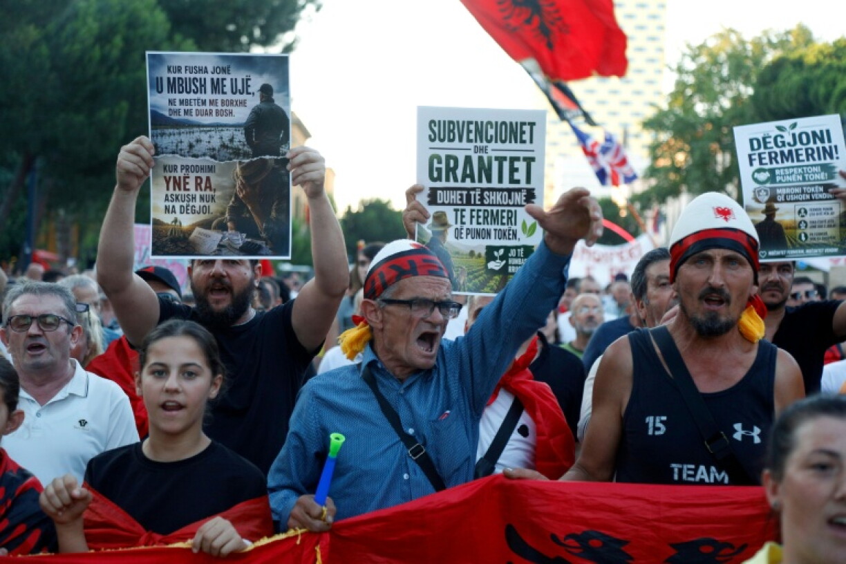 Manifestation contre la construction d'un complexe touristique de luxe près d'une zone naturelle protégée, le 11 juillet 2026 à Tirana, en Albanie