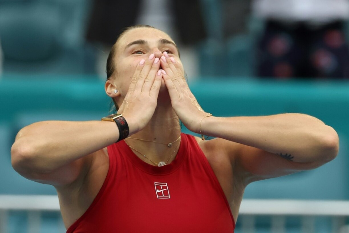 Aryna Sabalenka celebrates after defeating Jessica Pegula of the United States in the women's final of the Miami Open.