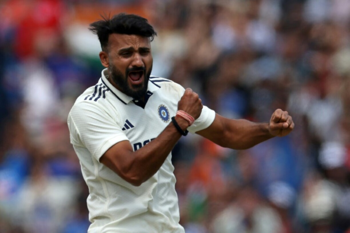 India's Akash Deep celebrates after having Harry Brook lbw for 23 in the second Test against England at Edgbaston
