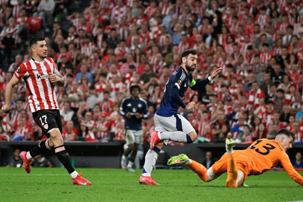 Manchester United captain Bruno Fernandes celebrates scoring their third goal, his second, in a 3-0 Europa League semi-final, first-leg, win away to Athletic Bilbao
