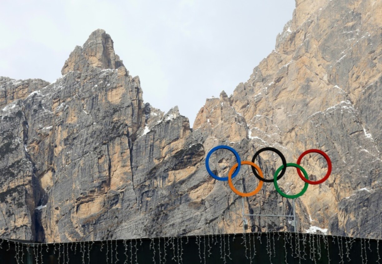 The Olympic rings in the Dolomite mountains at Cortina d'Ampezzo