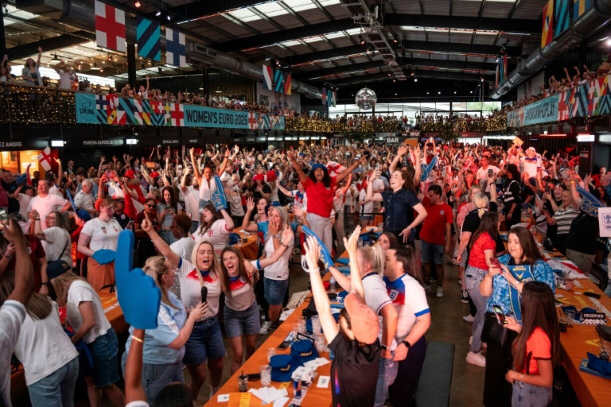 England fans at Boxpark Wembley celebrate victory in the Women's Euro 2025