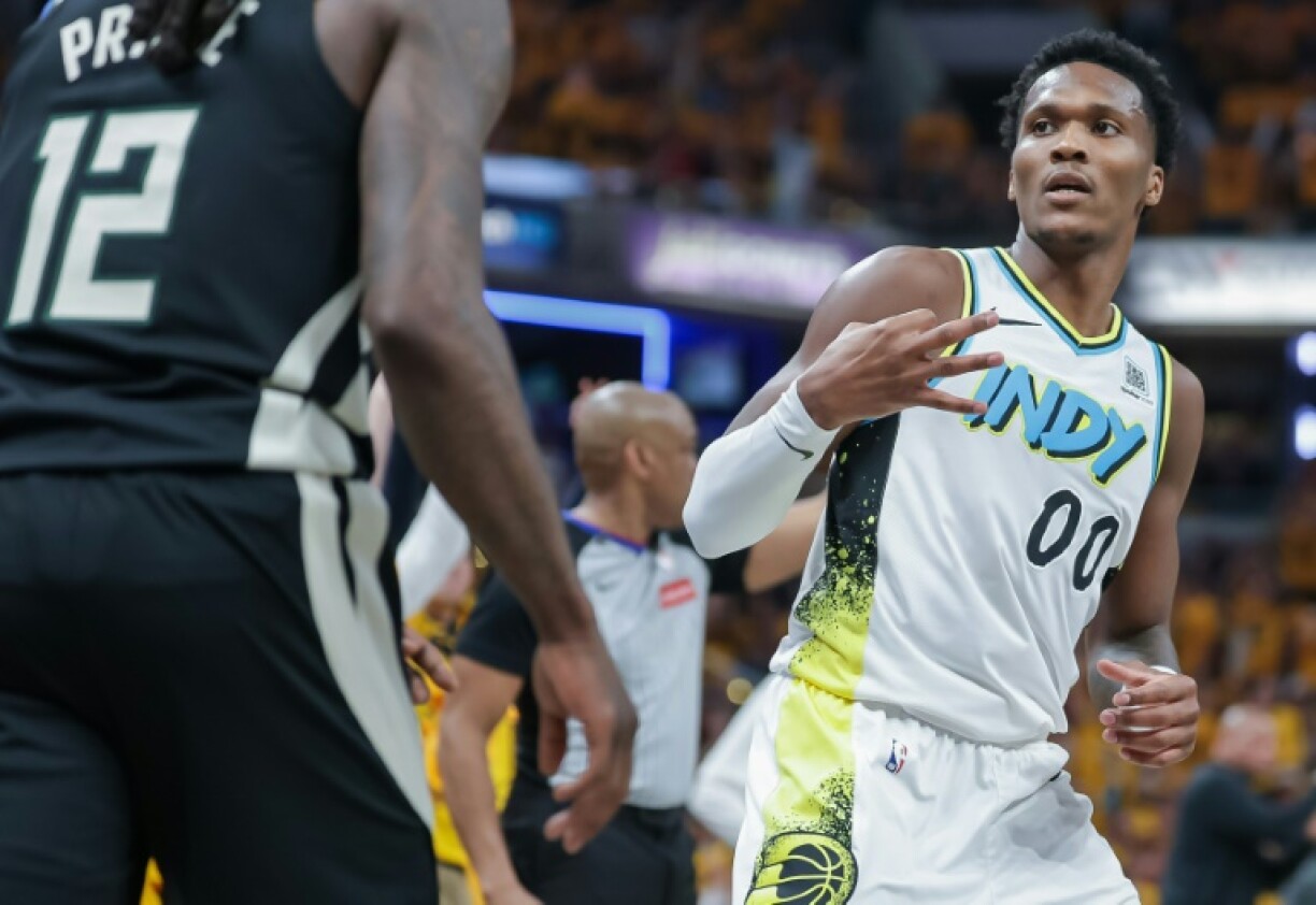 Bennedict Mathurin of the Indiana Pacers reacts after a three-point basket in the victory over the Milwaukee Bucks