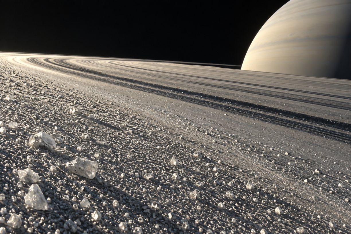 Conceptual illustration of Saturn and the icy particles that make up its rings.