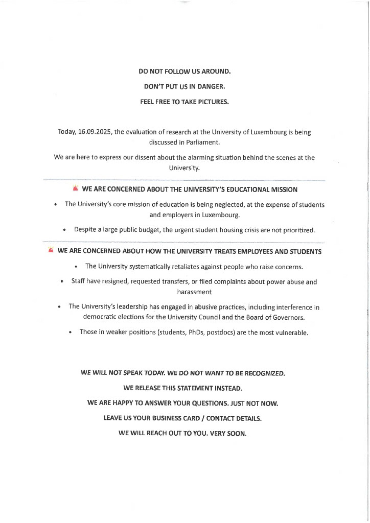 Le texte du tract distribué devant la Chambre