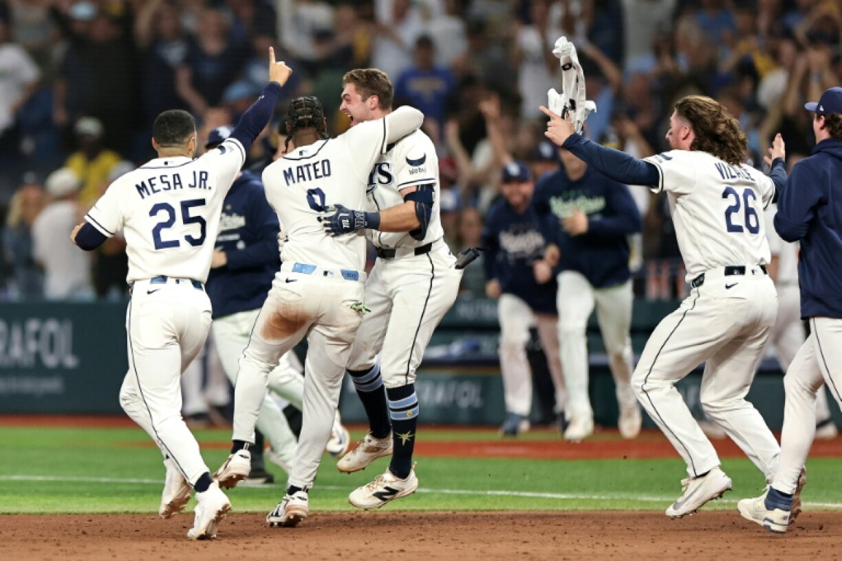 The Tampa Bay Rays celebrate after Ben Williamson's single clinches a dramatic extra-inning win in the World Series