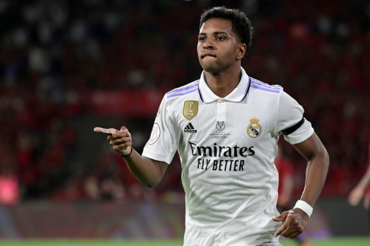 L'attaquant brésilien du Real Madrid Rodrygo auteur d'un doublé contre Osasuna en finale de la Coupe du Roi, le 6 mai 2023 à Séville